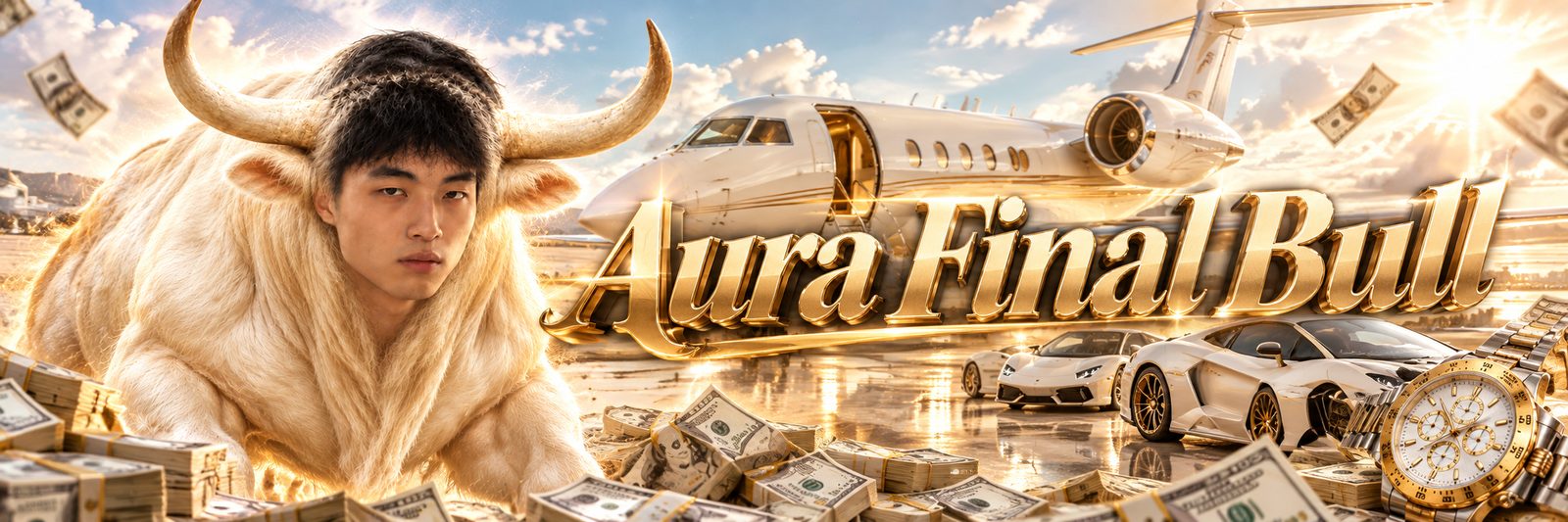 Aura Final Bull with a private jet, white supercars, a gold watch and stacks of cash on a sunny runway