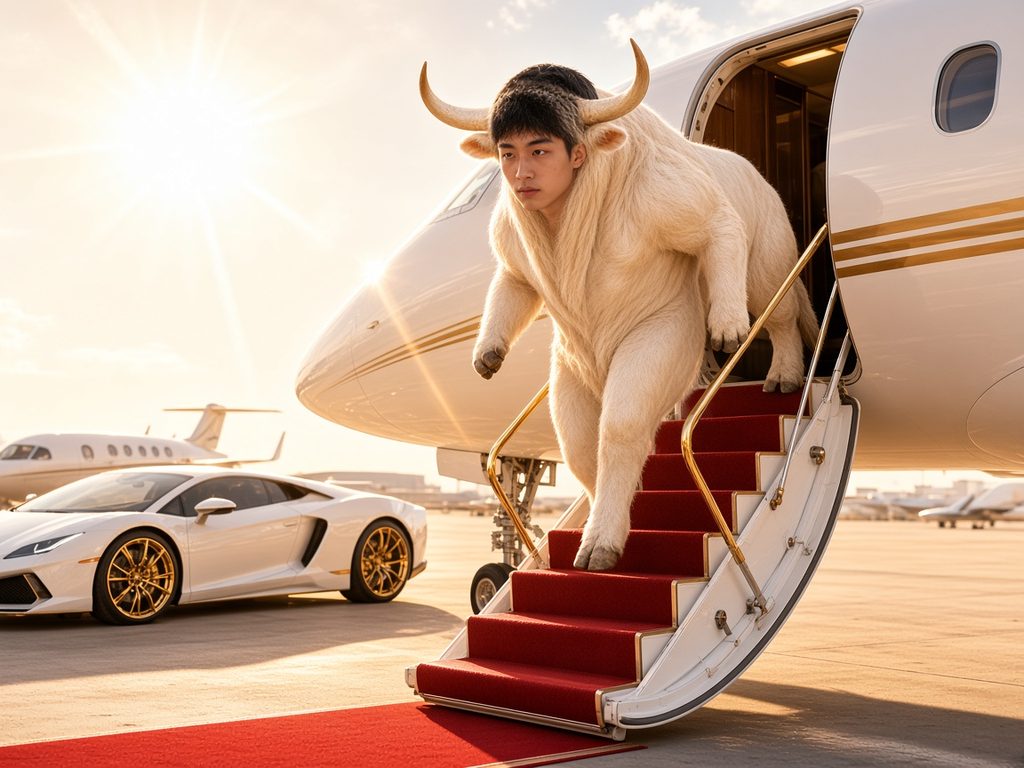 Aura Final Bull stepping off a private jet onto a red carpet
