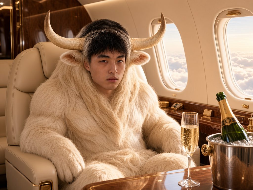 The bull relaxing in a private jet cabin with champagne