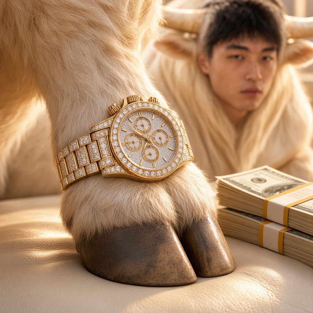 Iced-out gold watch on the bull's hoof next to cash stacks
